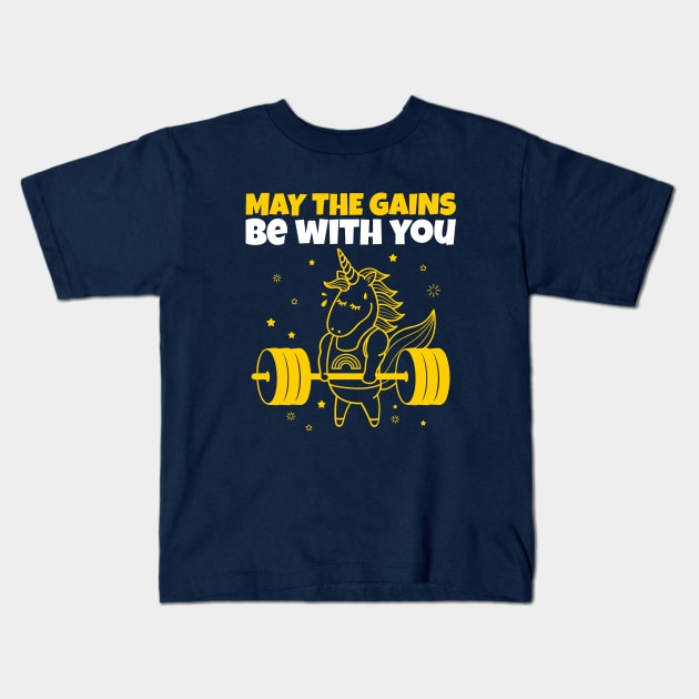 May The Gains Be With You - Unicorn Gym Funny Quote Kids T-Shirt by stokedstore